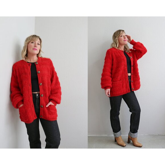 1980's Vintage Fuzzy Mohair Heart Button Cardigan ~ Women's Medium LG XL 80's - Picture 1 of 9